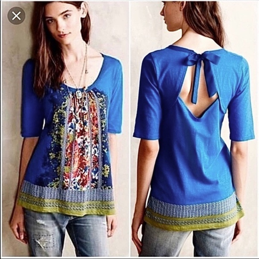 ANTHROPOLOGIE AKEMI + KIN Women’s Blue Floral Print Bow Tie Knit Top XS